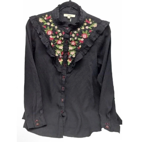 Andree Women’s Black Embroidered L Floral Top Western Peasant Retro Embroidered - Picture 1 of 8